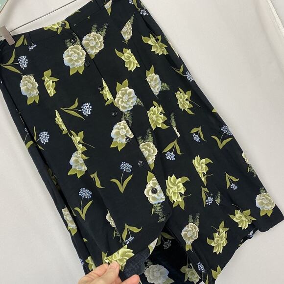 Vtg Sag Harbor Skirt Large Black Green Floral Button Front Midi Fairy Grunge Y2K - Picture 2 of 10